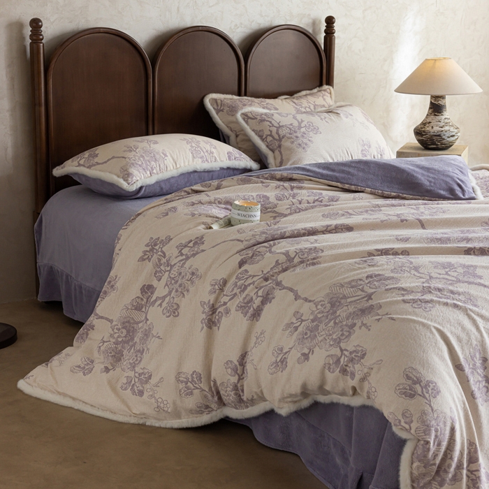 91家纺网 家纺一手货源 找家纺 迷尚家居 2025新款复古色织棉麻牛奶绒棉加绒四件套 砚秋紫-绒