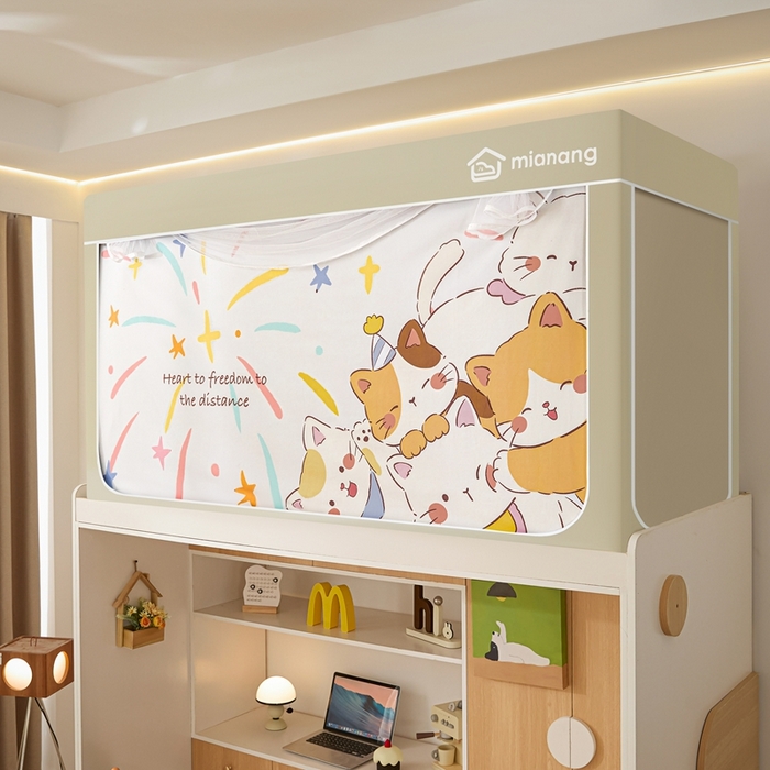 91家纺网 家纺一手货源 找家纺 卓尔居 2025新款学生遮光床帘卡通ZR学生蚊帐 米色-烟花小猫