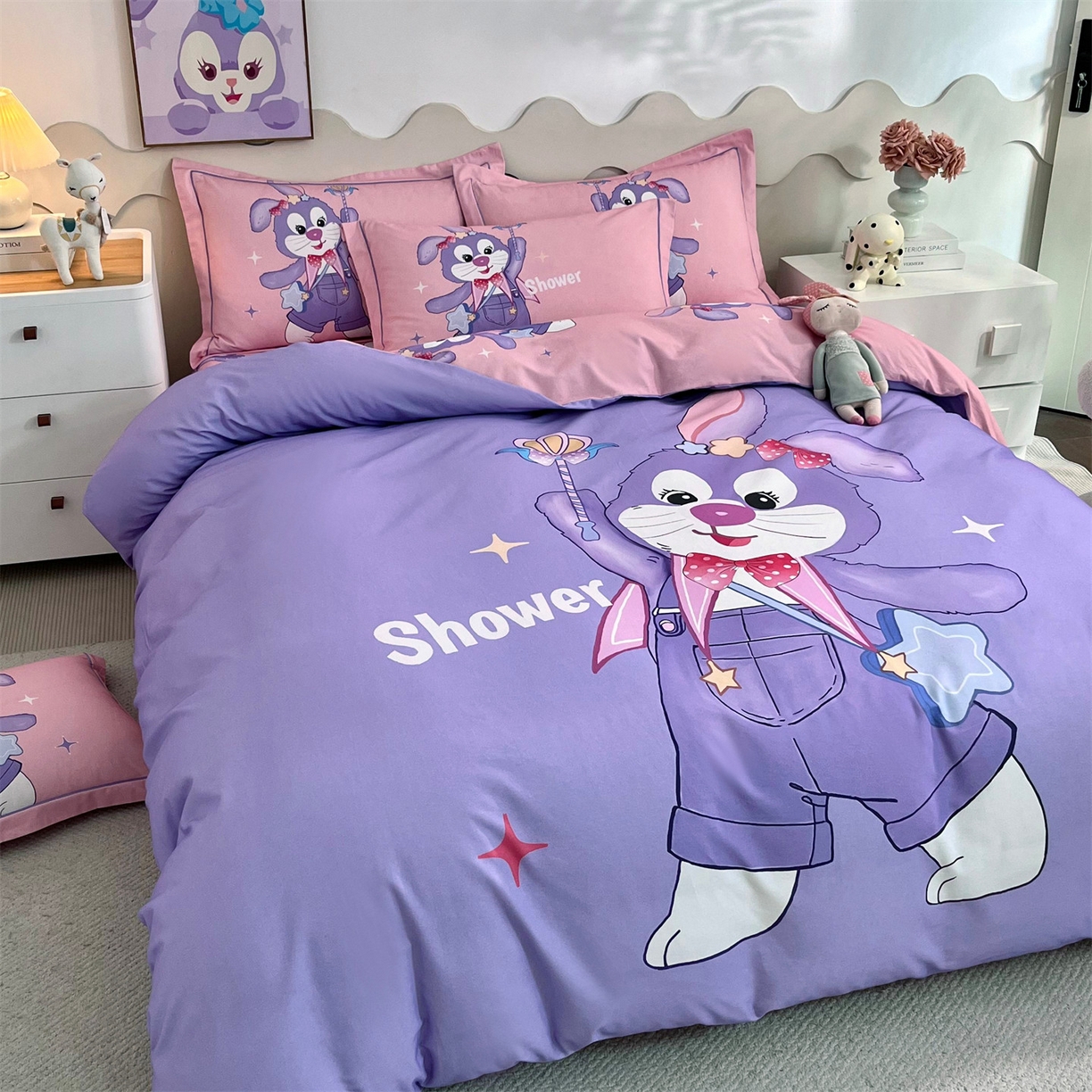 91家纺网 家纺一手货源 找家纺 曼秀琳 2025秋冬新款全棉磨毛印花四件套 闪耀之星-紫