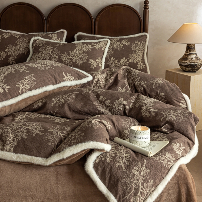 91家纺网 家纺一手货源 找家纺 迷尚家居 2025新款复古色织棉麻牛奶绒棉加绒四件套 锦瑟-绒