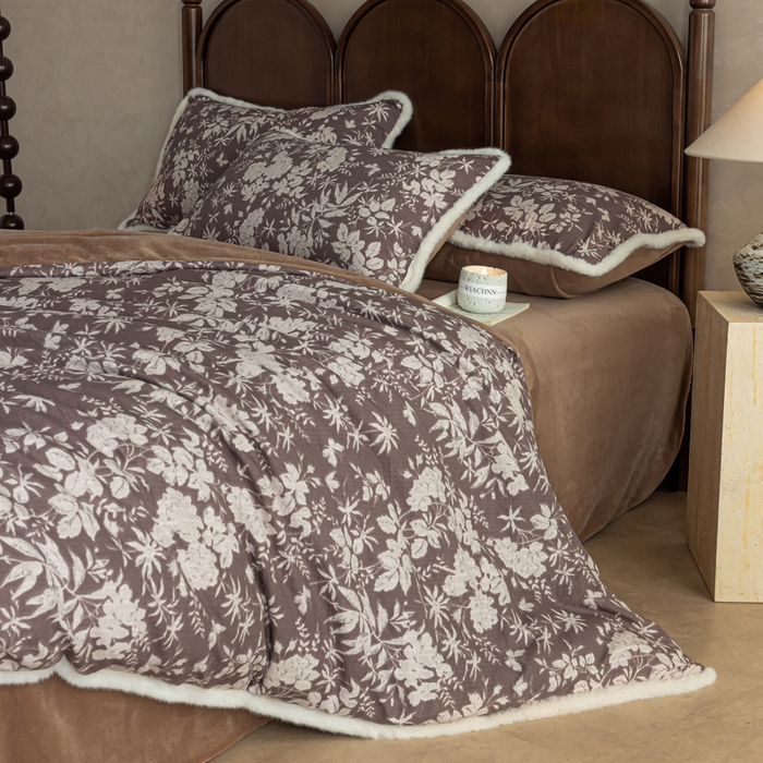 91家纺网 家纺一手货源 找家纺 迷尚家居 2025新款复古色织棉麻牛奶绒棉加绒四件套 枫林晚-绒