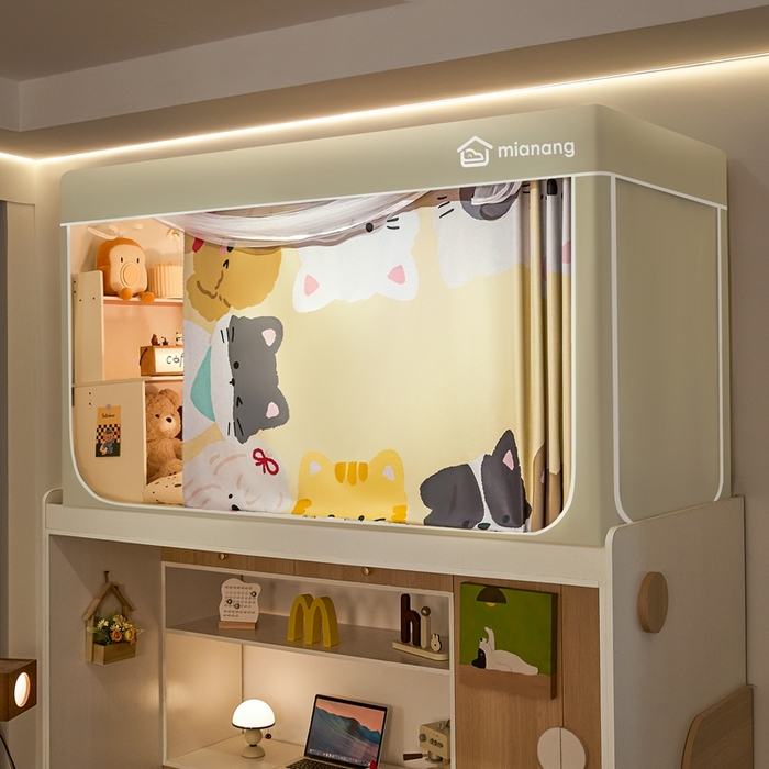 91家纺网 家纺一手货源 找家纺 卓尔居 2025新款学生遮光床帘卡通ZR学生蚊帐 米色-喵汪引力