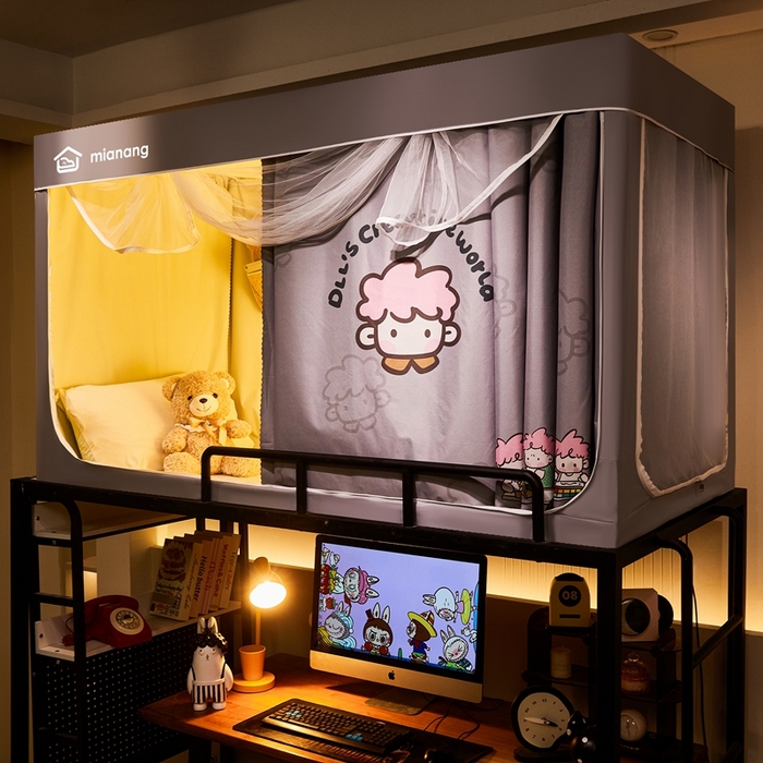 91家纺网 家纺一手货源 找家纺 卓尔居 2025新款学生遮光床帘卡通ZR学生蚊帐 灰色-粉毛炸炸君