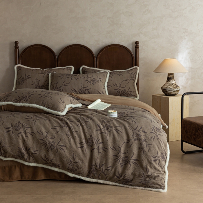 91家纺网 家纺一手货源 找家纺 迷尚家居 2025新款复古色织棉麻牛奶绒棉加绒四件套 玉茗-绒