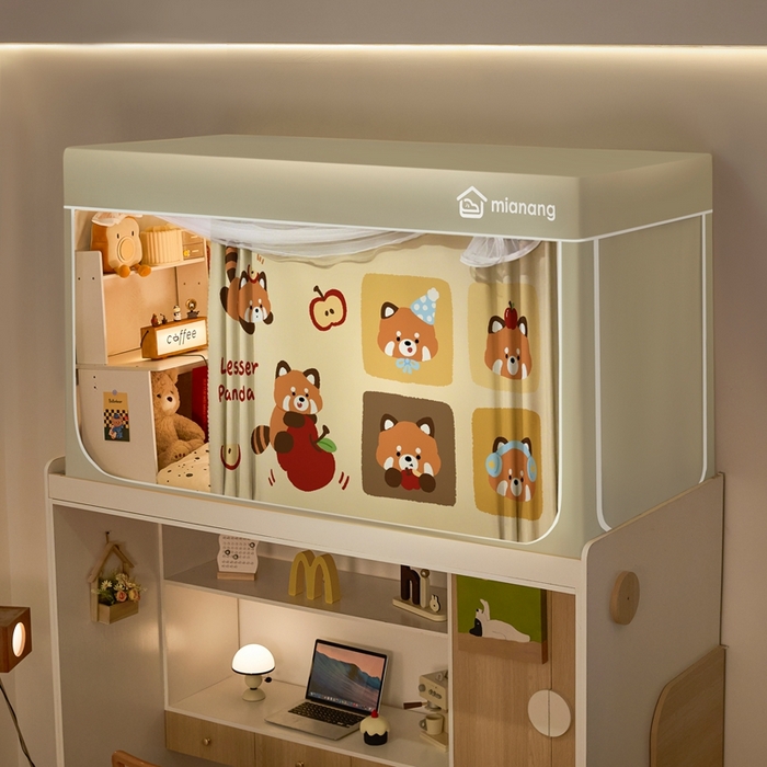 91家纺网 家纺一手货源 找家纺 卓尔居 2025新款学生遮光床帘卡通ZR学生蚊帐 米色-小浣熊