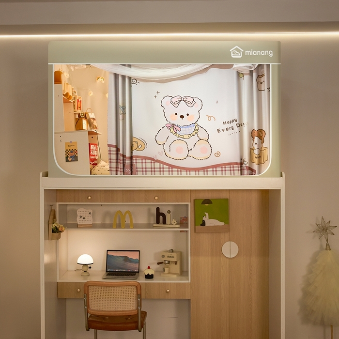 91家纺网 家纺一手货源 找家纺 卓尔居 2025新款学生遮光床帘卡通ZR学生蚊帐 米色-格子泰迪