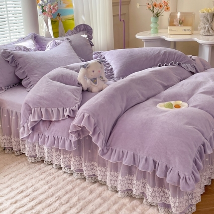 【8斤重】2025新款秋冬加厚牛奶绒床裙款四件套法式浪漫蕾丝花边工艺-遇见系列 遇见-浪漫紫