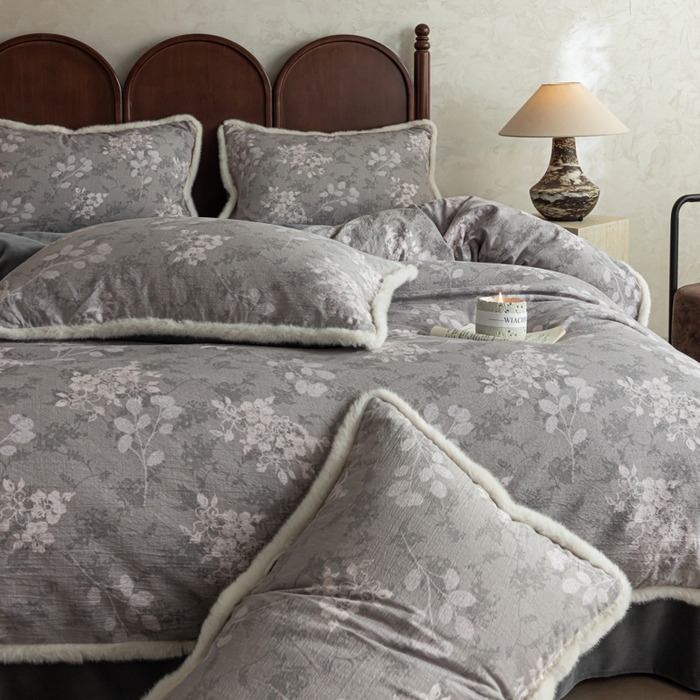 91家纺网 家纺一手货源 找家纺 迷尚家居 2025新款复古色织棉麻牛奶绒棉加绒四件套 可颂灰-绒