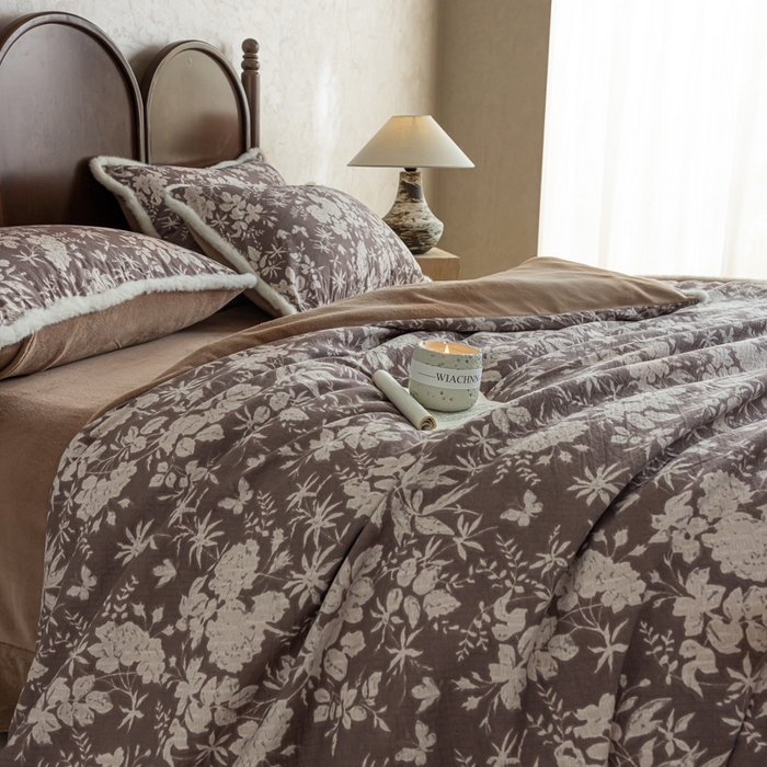 91家纺网 家纺一手货源 找家纺 迷尚家居 2025新款复古色织棉麻牛奶绒棉加绒四件套 枫林晚-绒