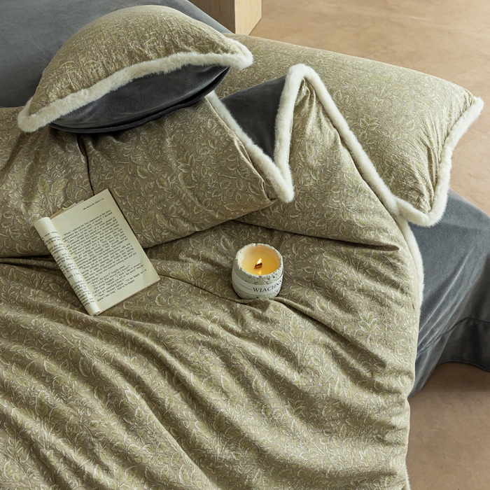 91家纺网 家纺一手货源 找家纺 迷尚家居 2025新款复古色织棉麻牛奶绒棉加绒四件套 古奈绿-绒