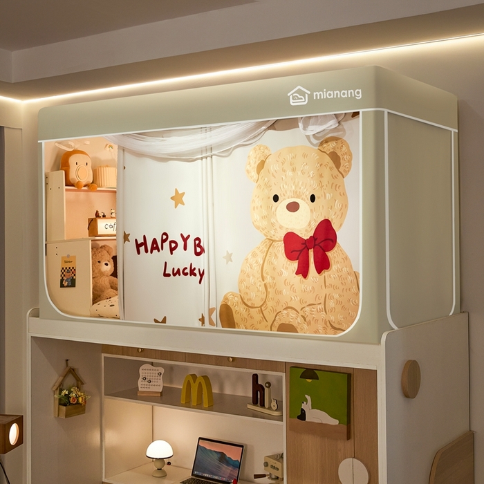 91家纺网 家纺一手货源 找家纺 卓尔居 2025新款学生遮光床帘卡通ZR学生蚊帐 米色-星星熊