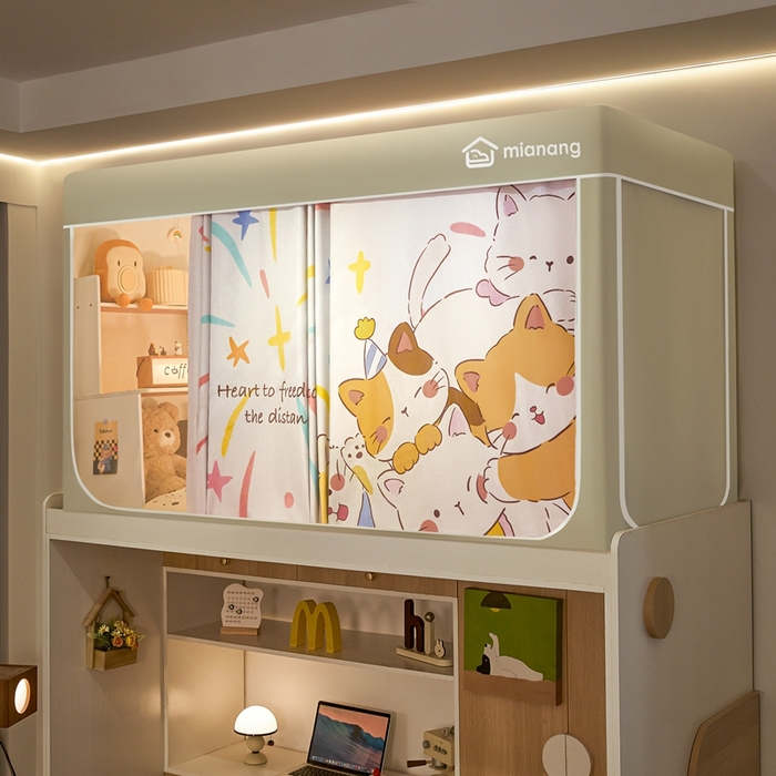 91家纺网 家纺一手货源 找家纺 卓尔居 2025新款学生遮光床帘卡通ZR学生蚊帐 米色-烟花小猫