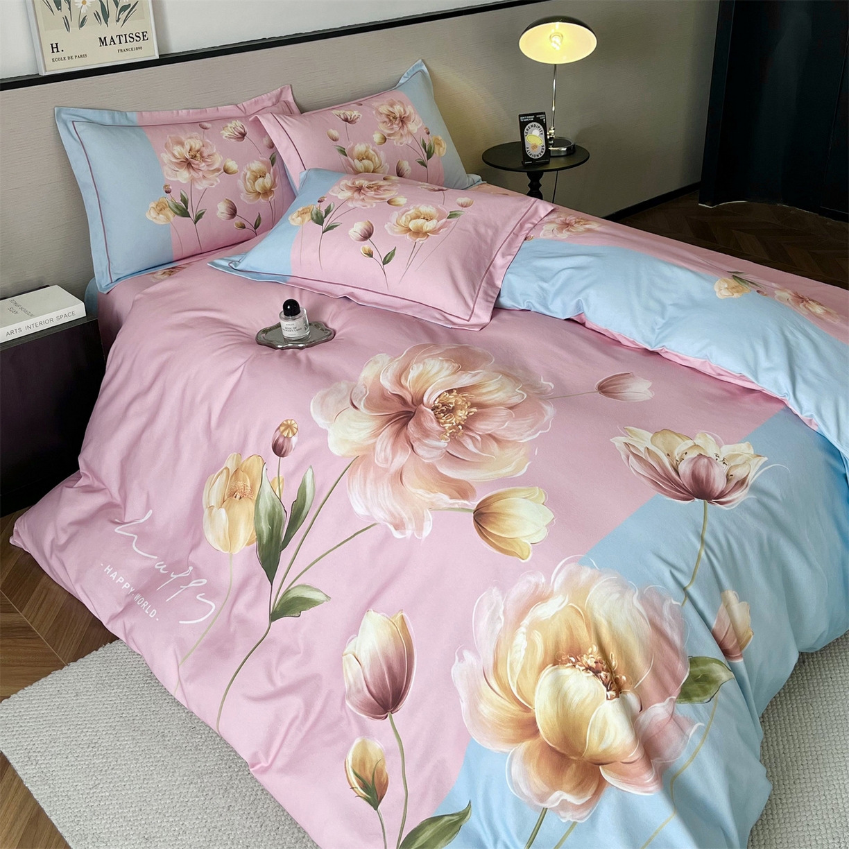 91家纺网 家纺一手货源 找家纺 曼秀琳 2025秋冬新款全棉磨毛印花四件套 岸芷汀兰-粉