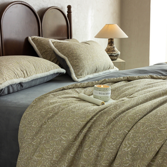 91家纺网 家纺一手货源 找家纺 迷尚家居 2025新款复古色织棉麻牛奶绒棉加绒四件套 古奈绿-绒