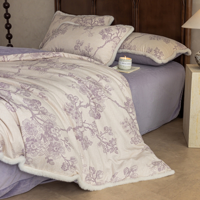 91家纺网 家纺一手货源 找家纺 迷尚家居 2025新款复古色织棉麻牛奶绒棉加绒四件套 砚秋紫-绒