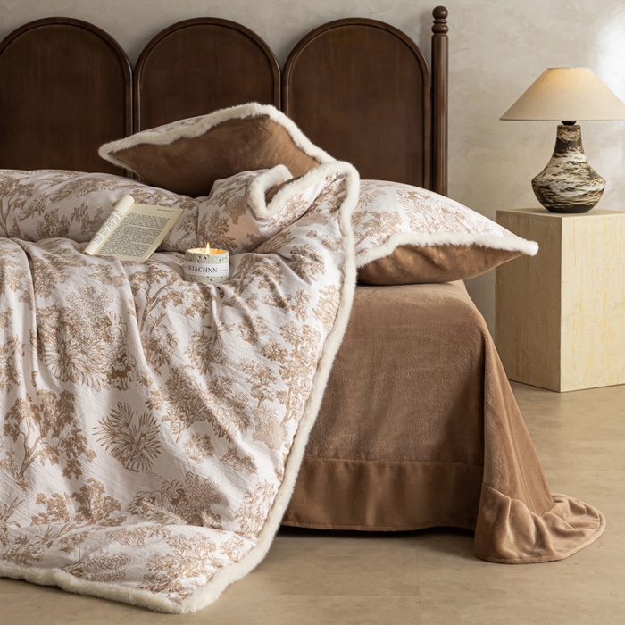 91家纺网 家纺一手货源 找家纺 迷尚家居 2025新款复古色织棉麻牛奶绒棉加绒四件套 迪奥咖-绒