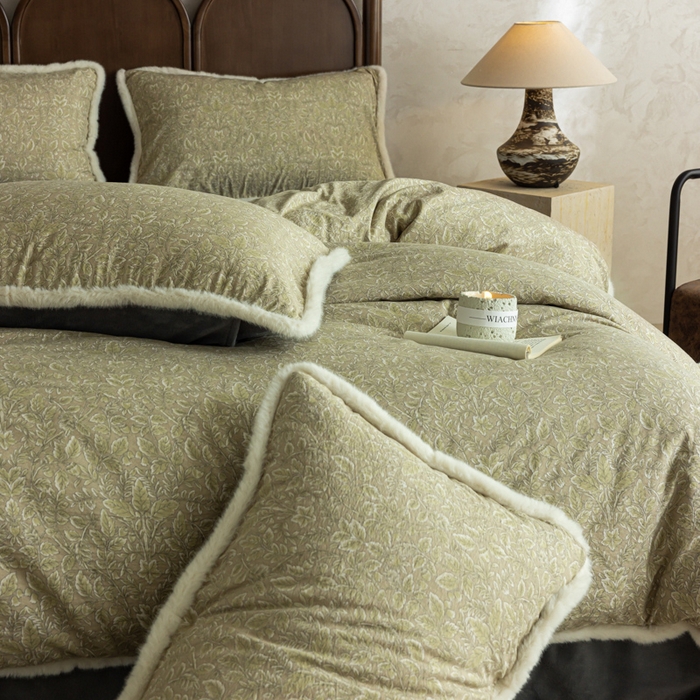 91家纺网 家纺一手货源 找家纺 迷尚家居 2025新款复古色织棉麻牛奶绒棉加绒四件套 古奈绿-绒