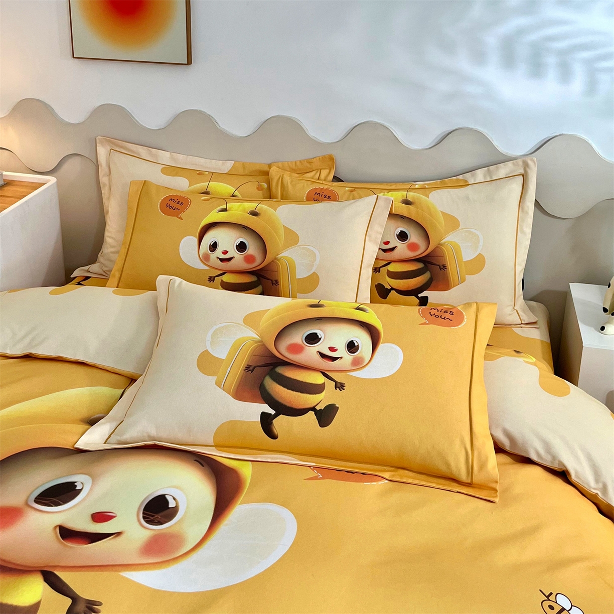 91家纺网 家纺一手货源 找家纺 曼秀琳 2025秋冬新款全棉磨毛印花四件套 萌萌哒-黄