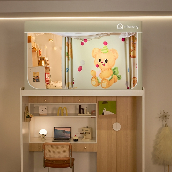 91家纺网 家纺一手货源 找家纺 卓尔居 2025新款学生遮光床帘卡通ZR学生蚊帐 米色-烘培小熊