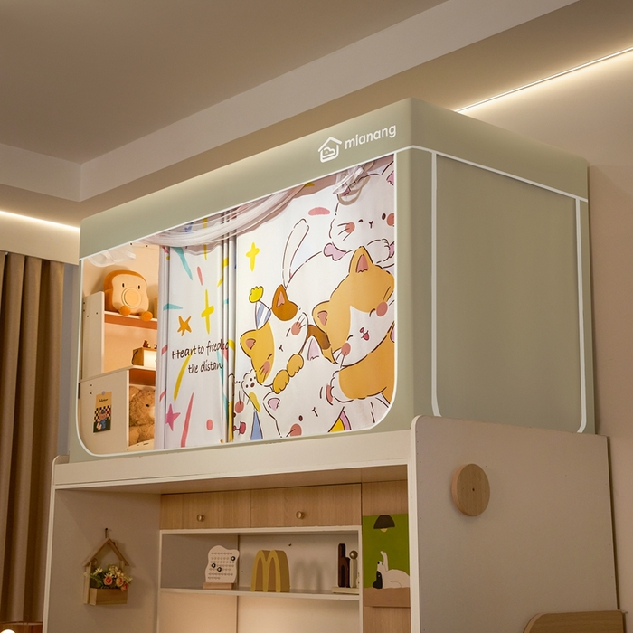 91家纺网 家纺一手货源 找家纺 卓尔居 2025新款学生遮光床帘卡通ZR学生蚊帐 米色-烟花小猫