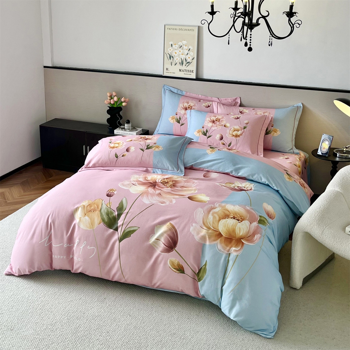 91家纺网 家纺一手货源 找家纺 曼秀琳 2025秋冬新款全棉磨毛印花四件套 岸芷汀兰-粉