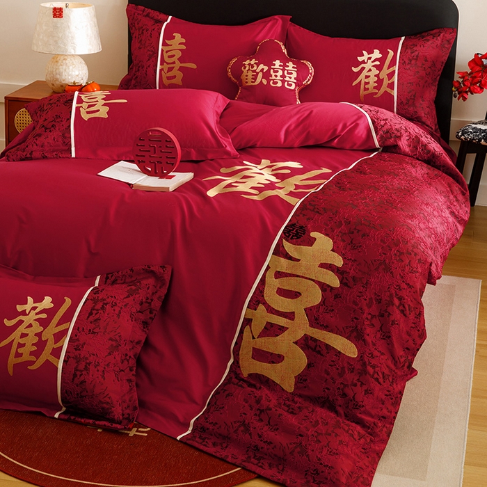 91家纺网 家纺一手货源 找家纺 苏源家居 2025新款绣花婚庆结婚喜庆拼接四件套-欢喜 欢喜-金