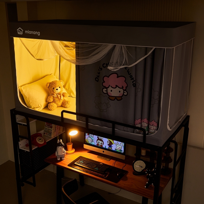 91家纺网 家纺一手货源 找家纺 卓尔居 2025新款学生遮光床帘卡通ZR学生蚊帐 灰色-粉毛炸炸君