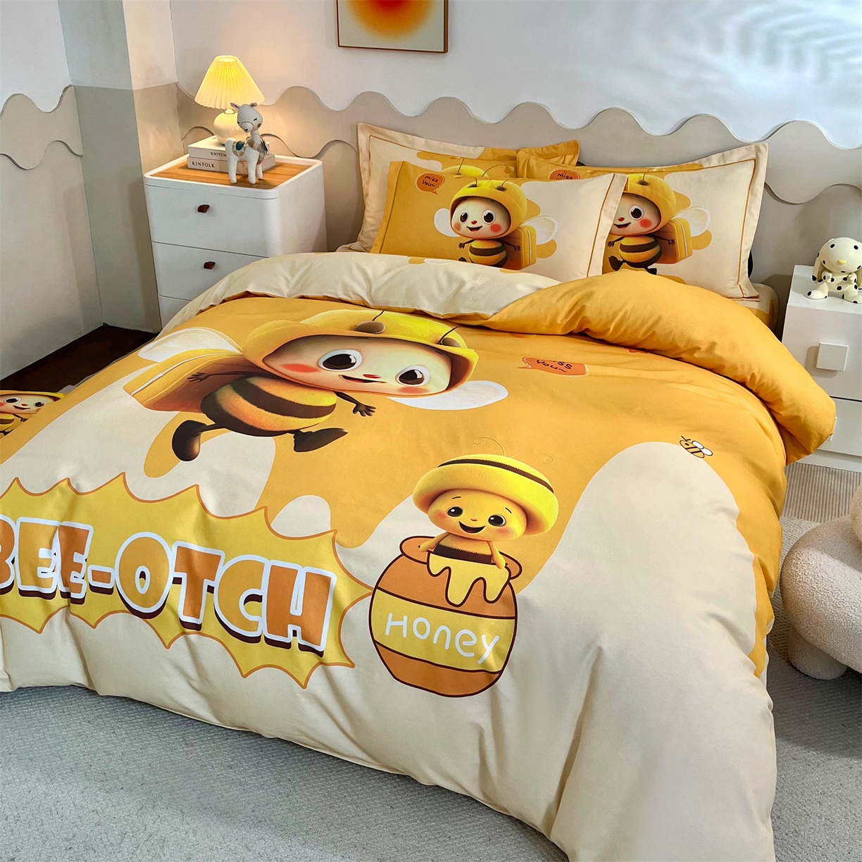 91家纺网 家纺一手货源 找家纺 曼秀琳 2025秋冬新款全棉磨毛印花四件套 萌萌哒-黄