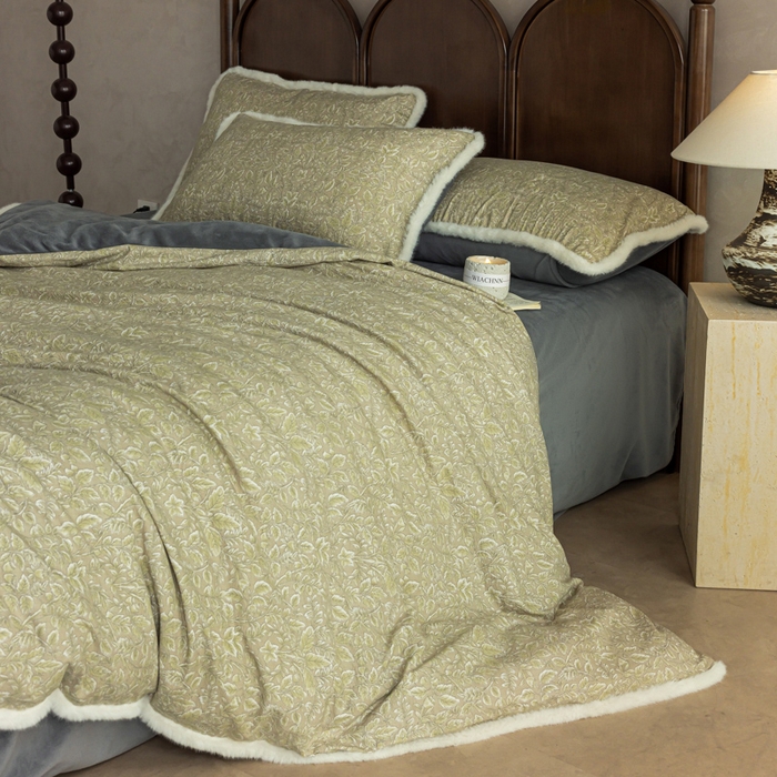 91家纺网 家纺一手货源 找家纺 迷尚家居 2025新款复古色织棉麻牛奶绒棉加绒四件套 古奈绿-绒