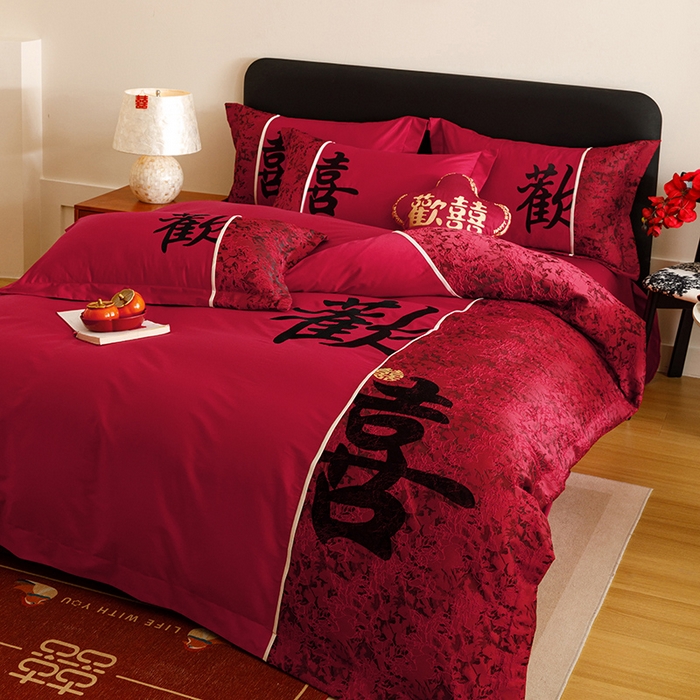 91家纺网 家纺一手货源 找家纺 苏源家居 2025新款绣花婚庆结婚喜庆拼接四件套-欢喜 欢喜-黑