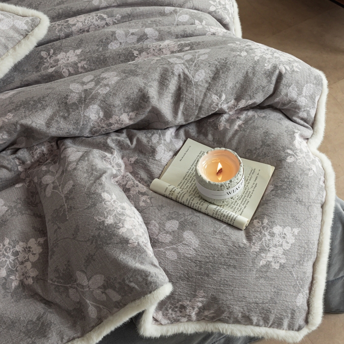 91家纺网 家纺一手货源 找家纺 迷尚家居 2025新款复古色织棉麻牛奶绒棉加绒四件套 可颂灰-绒