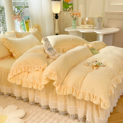 【8斤重】2025新款秋冬加厚牛奶绒床裙款四件套法式浪漫蕾丝花边工艺-遇见系列 遇见-暖黄