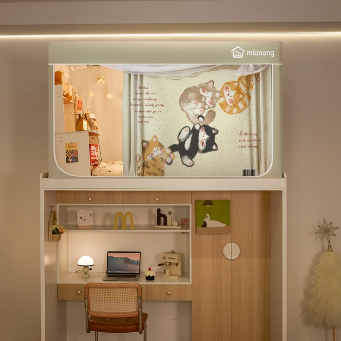 91家纺网 家纺一手货源 找家纺 卓尔居 2025新款学生遮光床帘卡通ZR学生蚊帐 米色-串猫