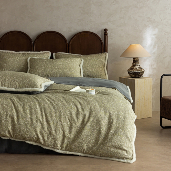 91家纺网 家纺一手货源 找家纺 迷尚家居 2025新款复古色织棉麻牛奶绒棉加绒四件套 古奈绿-绒