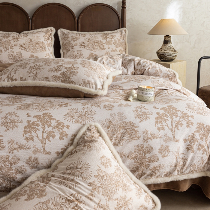 91家纺网 家纺一手货源 找家纺 迷尚家居 2025新款复古色织棉麻牛奶绒棉加绒四件套 迪奥咖-绒