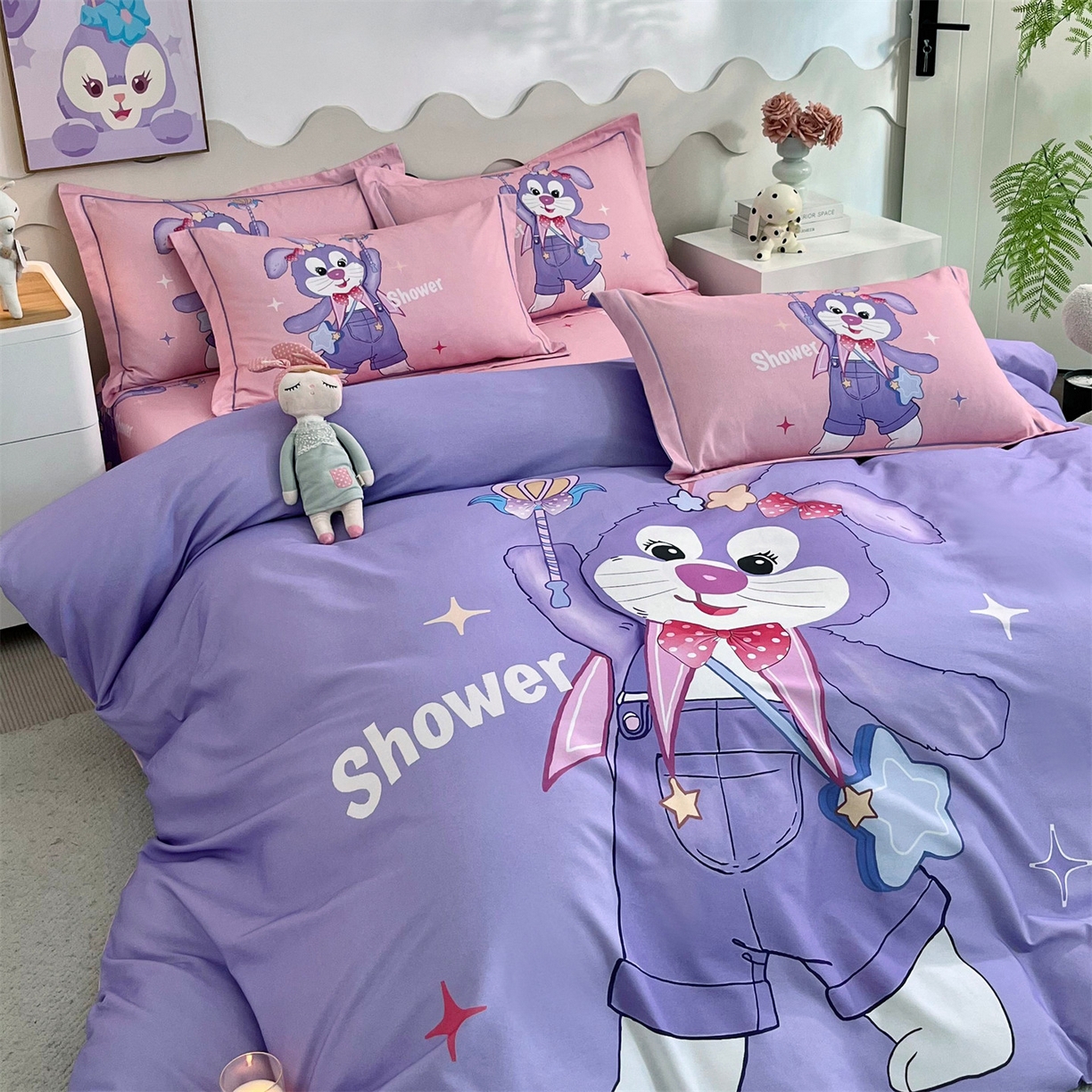 91家纺网 家纺一手货源 找家纺 曼秀琳 2025秋冬新款全棉磨毛印花四件套 闪耀之星-紫