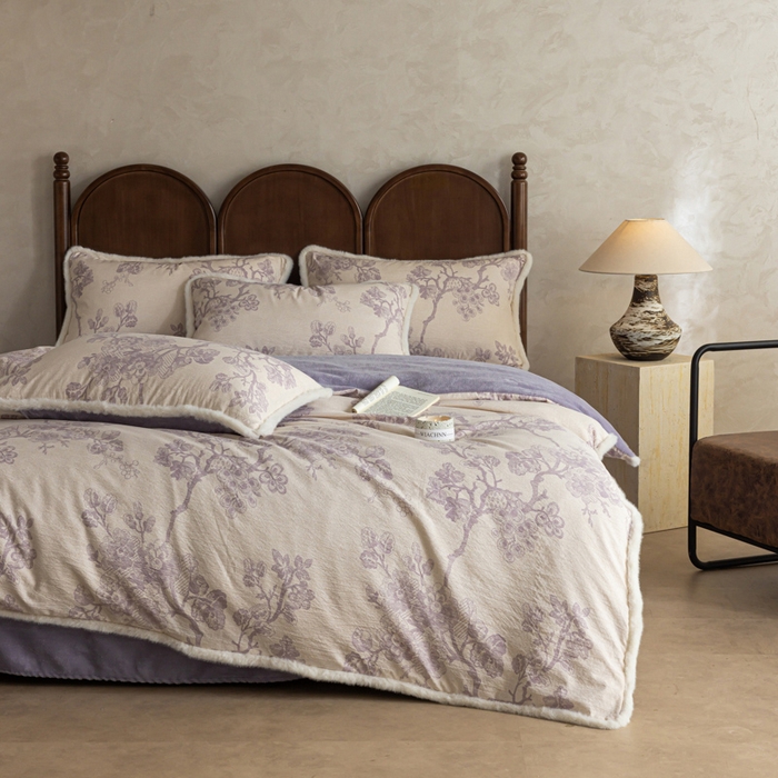 91家纺网 家纺一手货源 找家纺 迷尚家居 2025新款复古色织棉麻牛奶绒棉加绒四件套 砚秋紫-绒