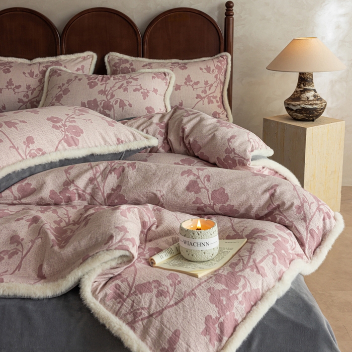 91家纺网 家纺一手货源 找家纺 迷尚家居 2025新款复古色织棉麻牛奶绒棉加绒四件套 俏颜-绒