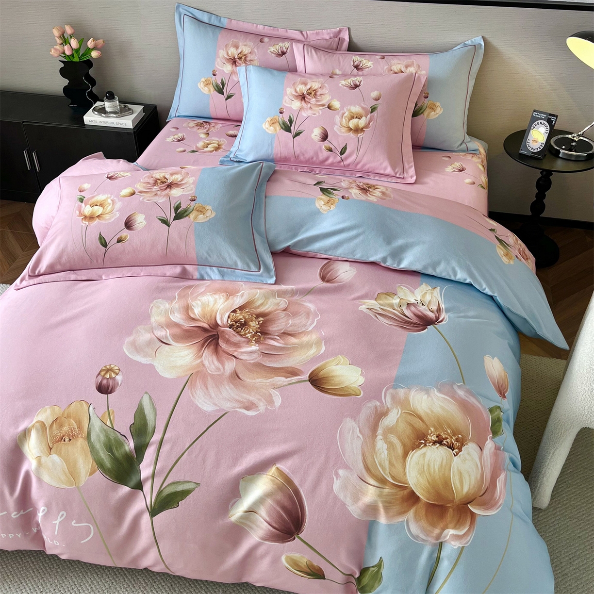 91家纺网 家纺一手货源 找家纺 曼秀琳 2025秋冬新款全棉磨毛印花四件套 岸芷汀兰-粉