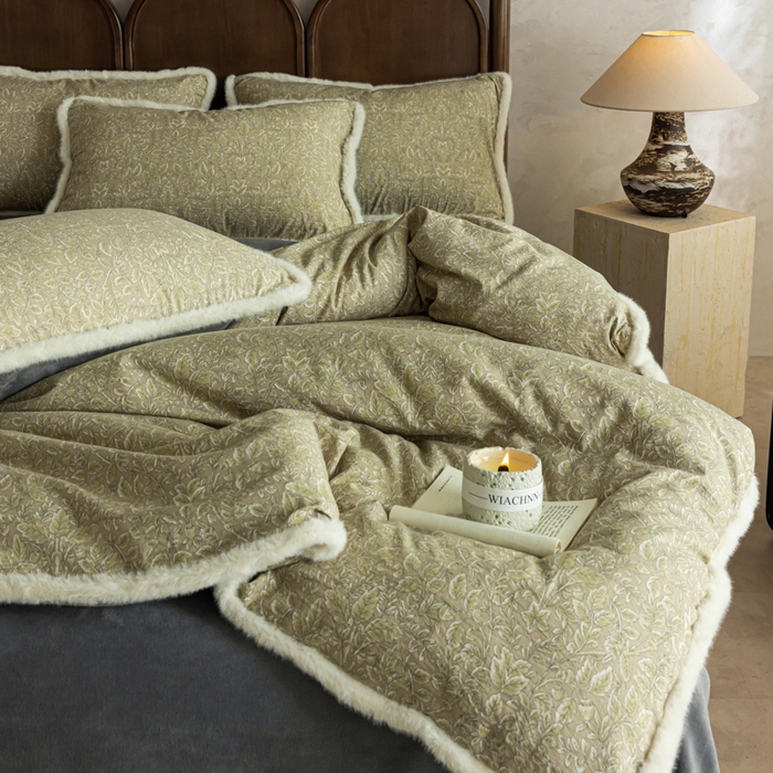 91家纺网 家纺一手货源 找家纺 迷尚家居 2025新款复古色织棉麻牛奶绒棉加绒四件套 古奈绿-绒