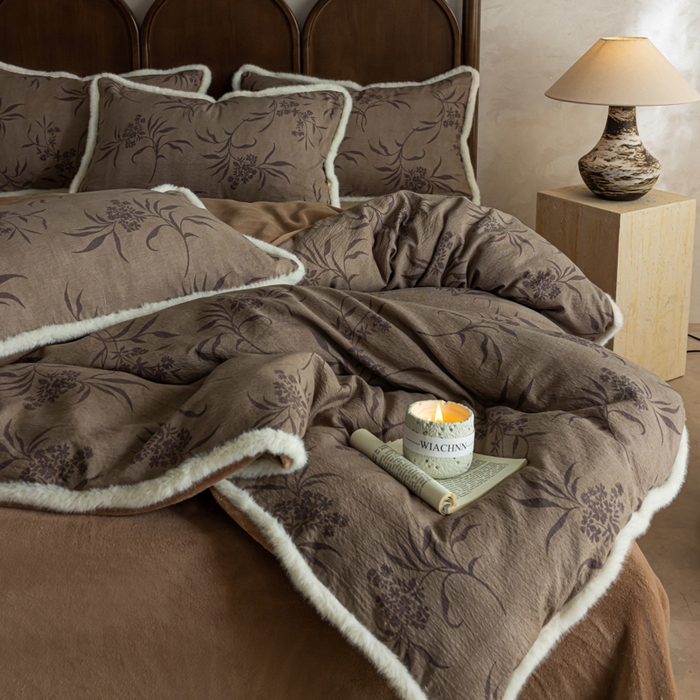 91家纺网 家纺一手货源 找家纺 迷尚家居 2025新款复古色织棉麻牛奶绒棉加绒四件套 玉茗-绒