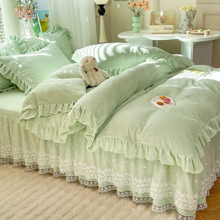 91家纺网 家纺一手货源 找家纺 2023秋冬加厚牛奶绒蕾丝花边床裙四件套直播爆款-遇见 遇见-薄荷绿