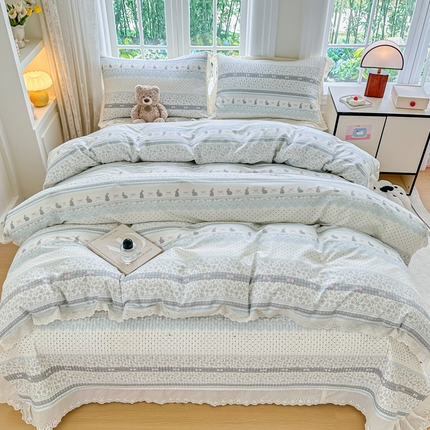 91家纺网 家纺一手货源 找家纺 岚吉家纺 2025新款全棉棉花床盖四件套 花边兔