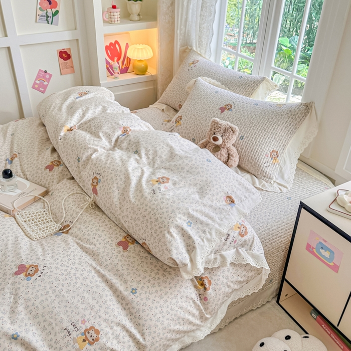 91家纺网 家纺一手货源 找家纺 岚吉家纺 2025新款全棉棉花床盖四件套 萌萌狮