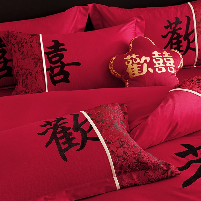 91家纺网 家纺一手货源 找家纺 苏源家居 2025新款绣花婚庆结婚喜庆拼接四件套-欢喜 欢喜-黑