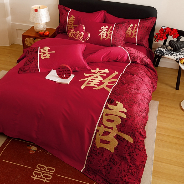 91家纺网 家纺一手货源 找家纺 苏源家居 2025新款绣花婚庆结婚喜庆拼接四件套-欢喜 欢喜-金