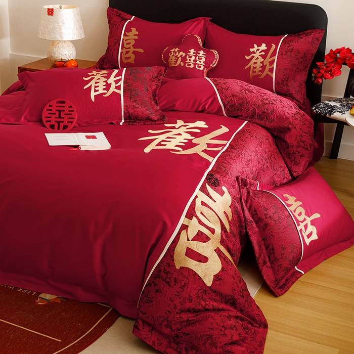 91家纺网 家纺一手货源 找家纺 苏源家居 2025新款绣花婚庆结婚喜庆拼接四件套-欢喜 欢喜-金