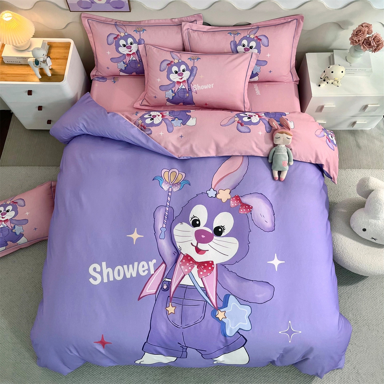 91家纺网 家纺一手货源 找家纺 曼秀琳 2025秋冬新款全棉磨毛印花四件套 闪耀之星-紫