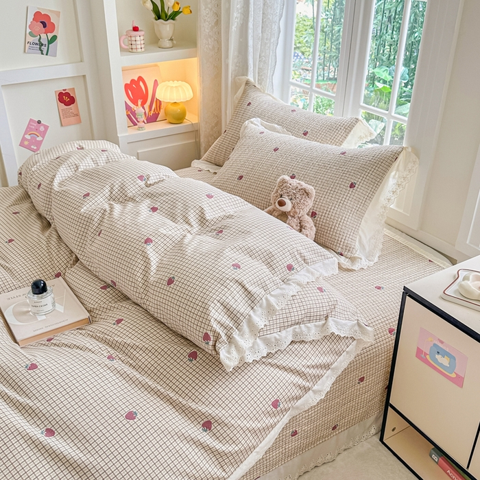 91家纺网 家纺一手货源 找家纺 岚吉家纺 2025新款全棉棉花床盖四件套 草莓格子