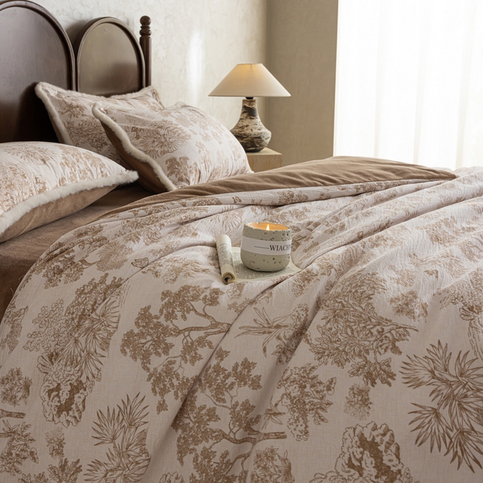 91家纺网 家纺一手货源 找家纺 迷尚家居 2025新款复古色织棉麻牛奶绒棉加绒四件套 迪奥咖-绒